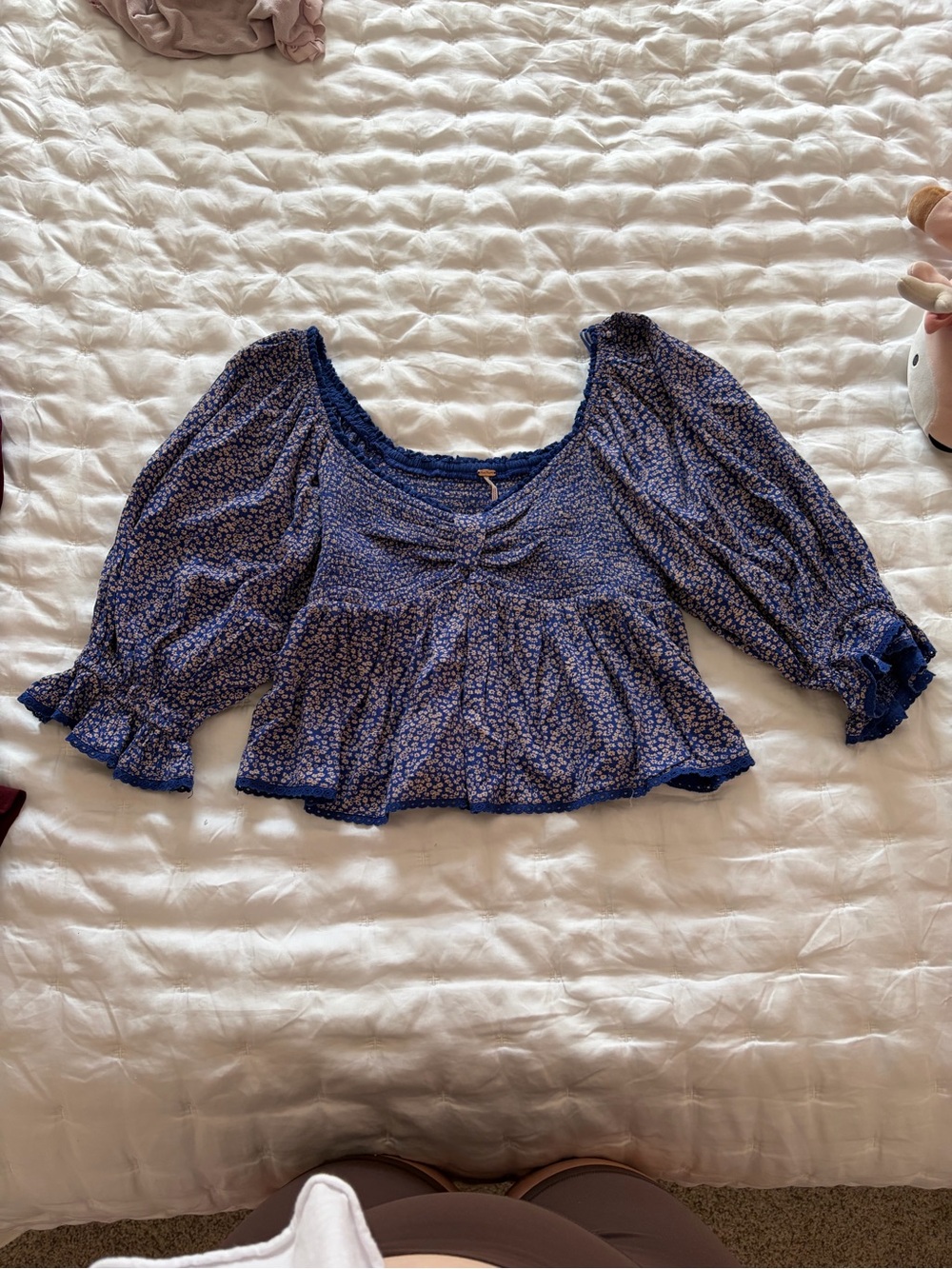 Free People Blue Floral Puff-Sleeve Peplum Blouse
